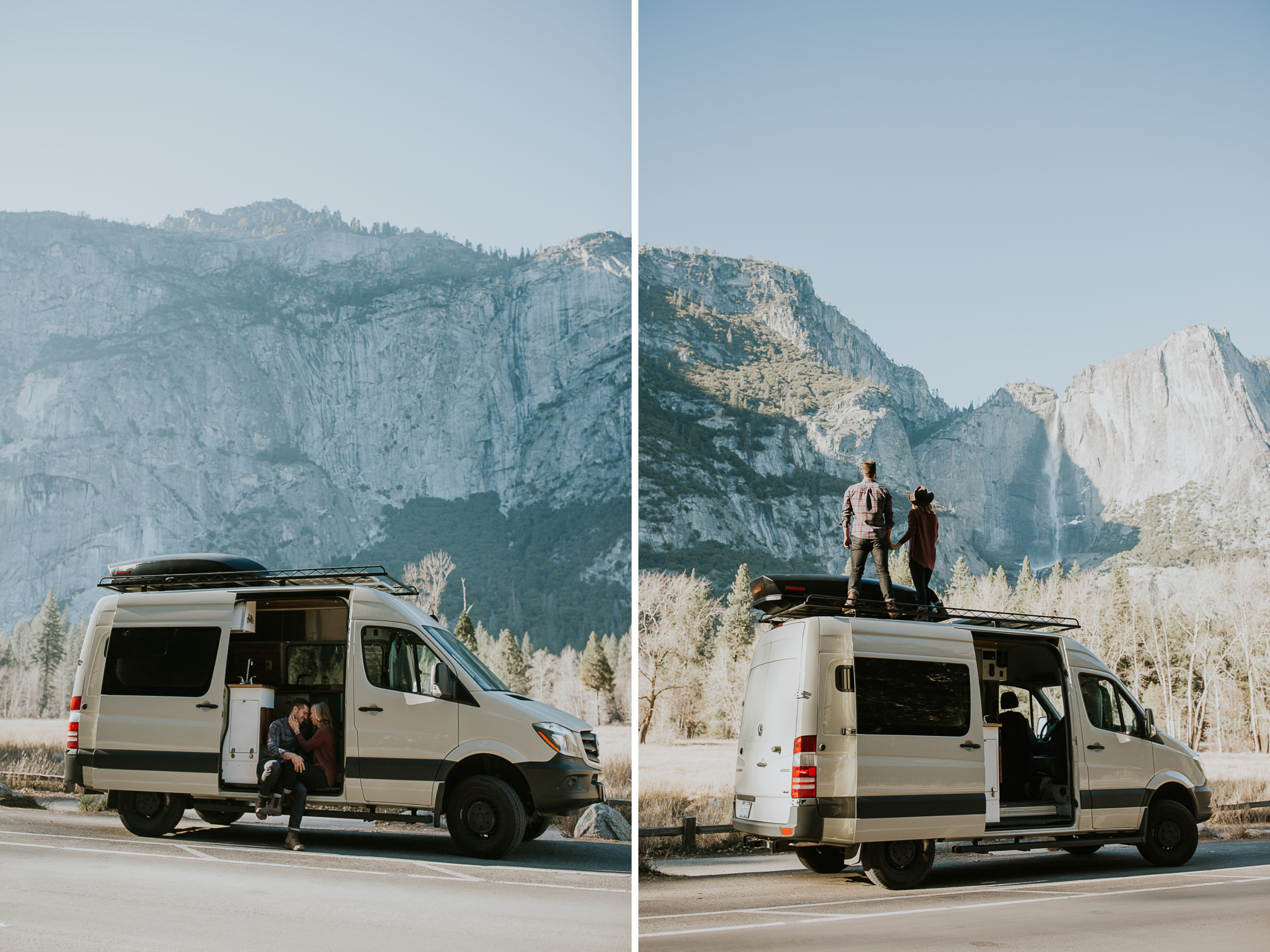 couple sit in old VW van parked on side of highway